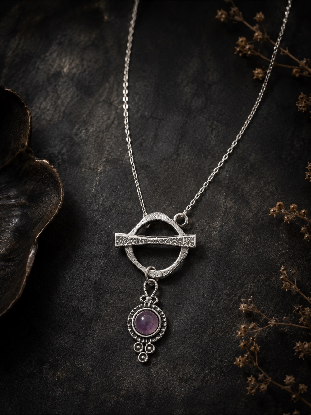 Silver Toggle Necklace Purple Stone Artisan Necklace - Picture 4 of 6